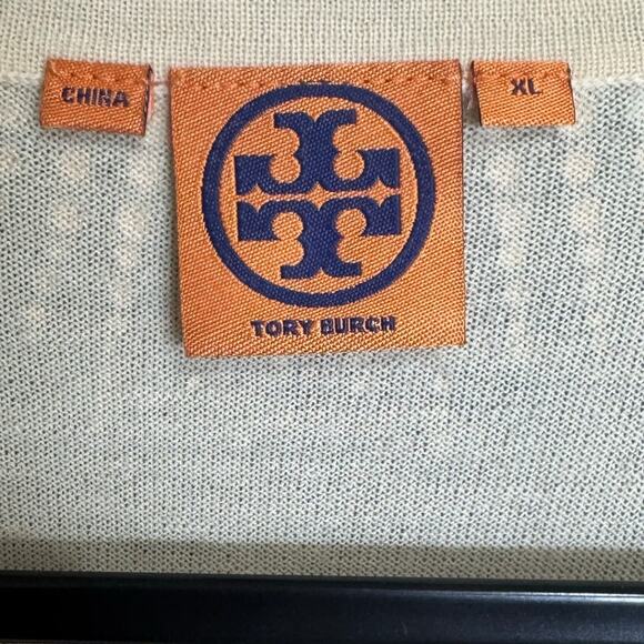 Tory Burch Gaugino Sweater Cardigan Wool Studded Open Front Beige Gold Size XL - Picture 8 of 13